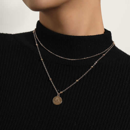 Jewelry Geometric Round Embossed Pendant Necklace Female Fashion Fashion Versatile Personality Bead Necklace
