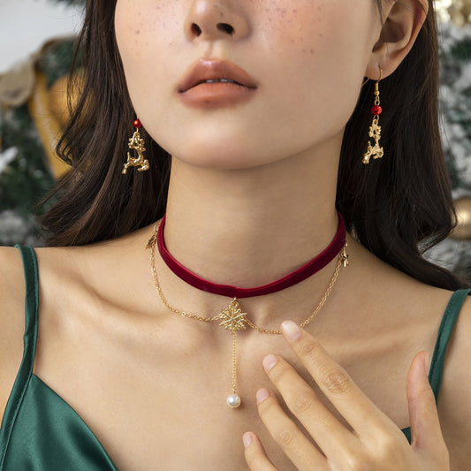 Jewelry Creative Snowflake Pentagram Tassel Flannel Necklace Female Simple Imitation Pearl Christmas Necklace