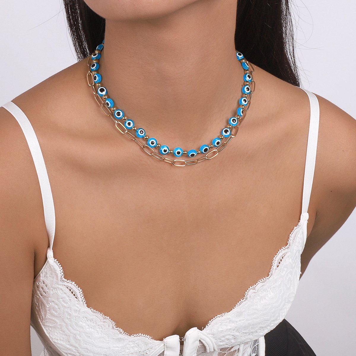 N179 Bohemian Double Layer Necklace Devil's Eye Beaded Creative Necklace Punk Trendy Women's Necklace