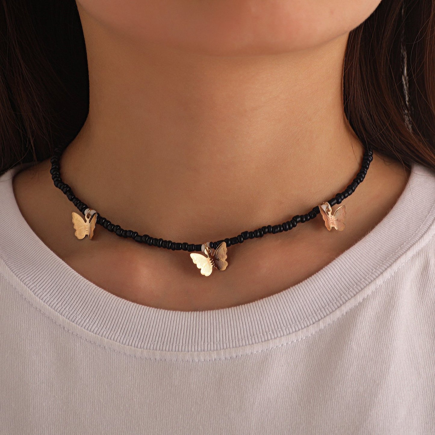 Jewelry Fashion Geometric Alloy Butterfly Choker Necklace Ladies Solid Color Rice Beads Customizable Necklace