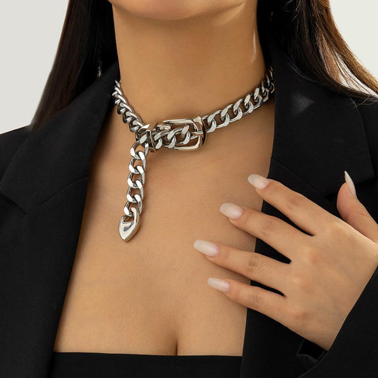 Jewelry Punk Thick Chain Belt Buckle Clavicle Necklace Female Hip Hop Heavy Industry Metal Geometric Necklace