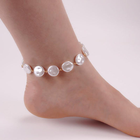 Ornaments Simple Retro Baroque Imitation Pearl Anklet Versatile Bohemian Grid Foot Jewelry Women