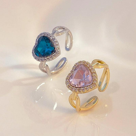 Ins exquisite pink crystal love ring women's retro palace diamond heart geometric opening index finger ring