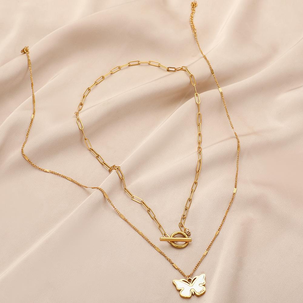 Fashion personality versatile stainless steel double shell butterfly OT buckle necklace female clavicle chain