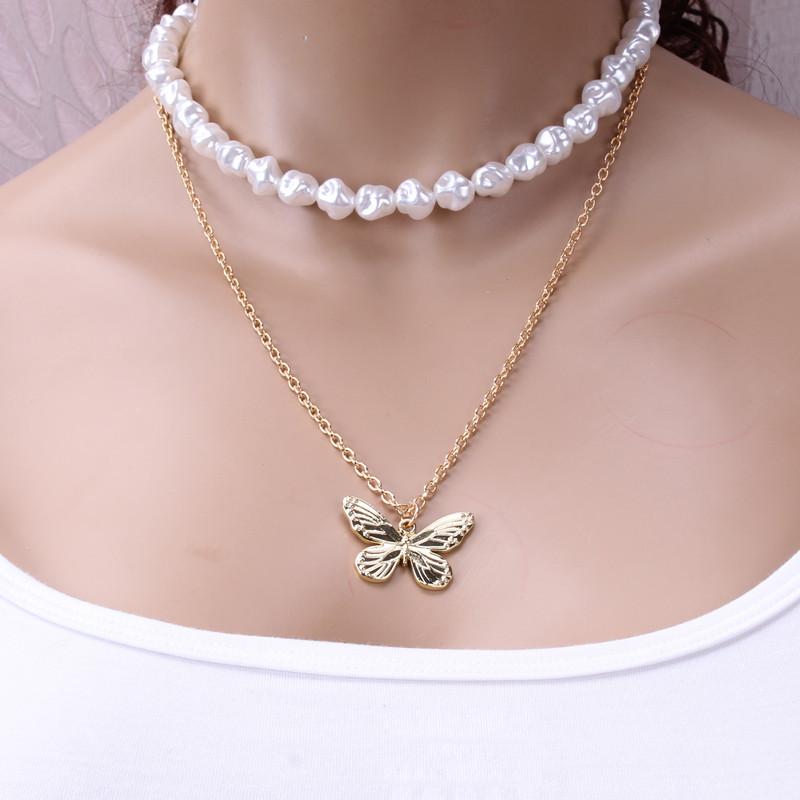Jewelry personality female worker string Baroque pearl necklace temperament ins multi-layer butterfly necklace