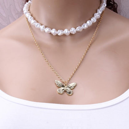 Jewelry personality female worker string Baroque pearl necklace temperament ins multi-layer butterfly necklace