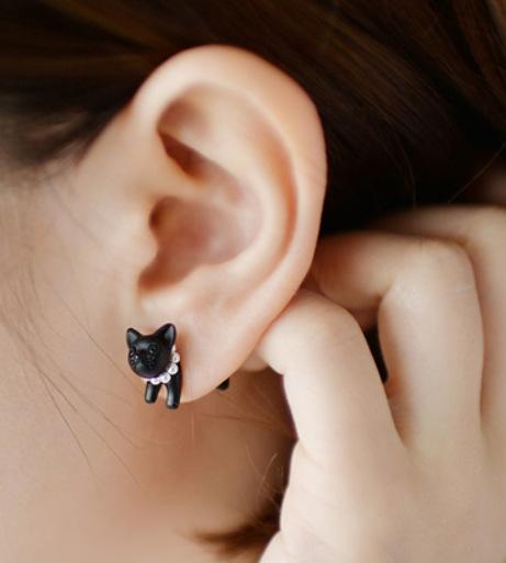 Harajuku three-dimensional pearl animal earrings little leopard cat piercing earrings ear clip jewelry