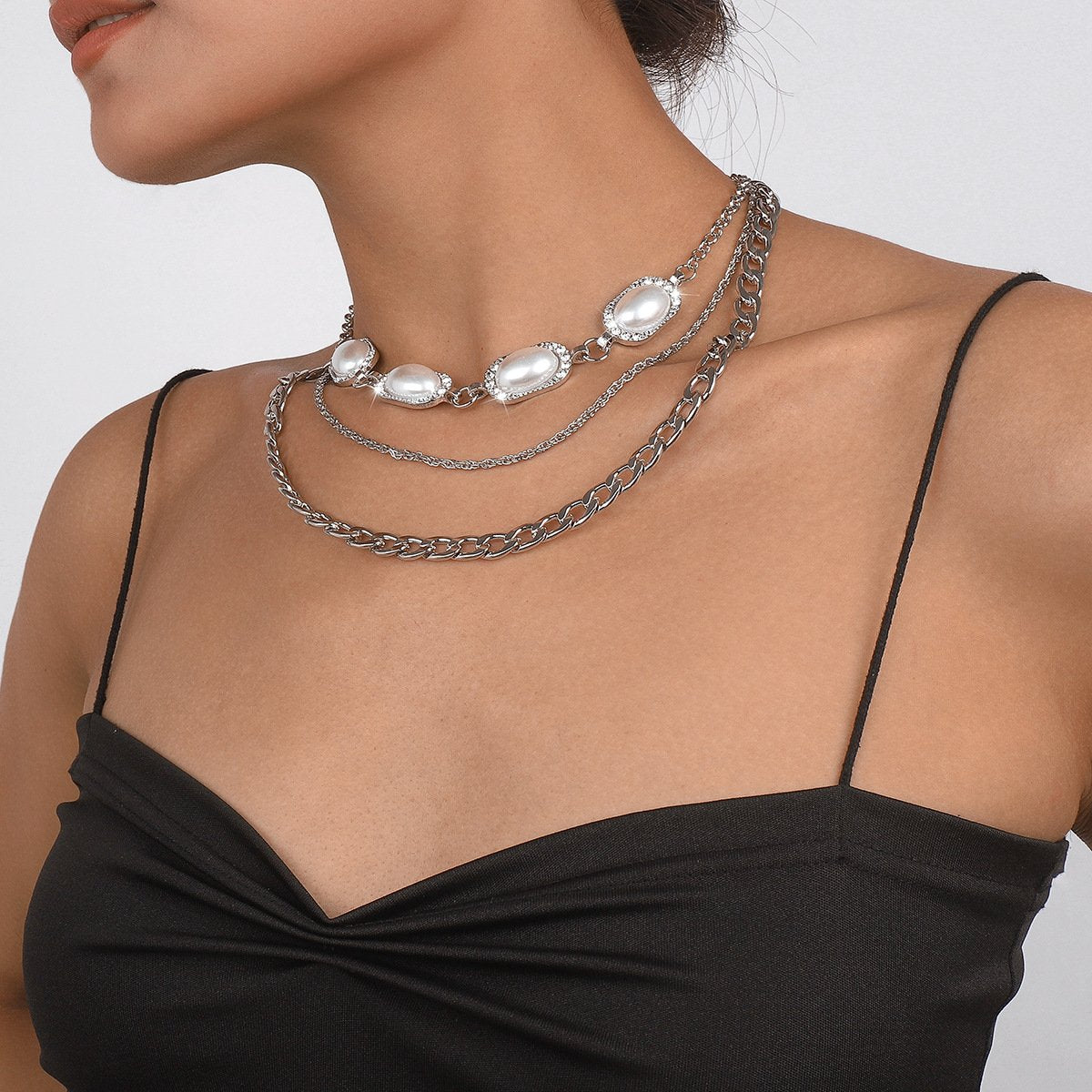 N182 jewelry personalized multi-layer twist Cuban chain imitation pearl necklace temperament geometric necklace