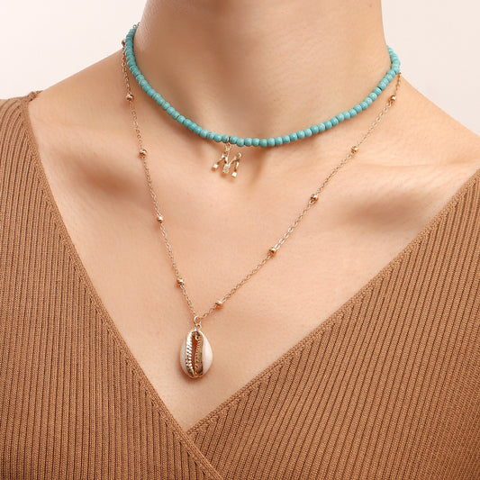 Jewelry fashion double-layer turquoise necklace shell pendant necklace female ins letter M necklace