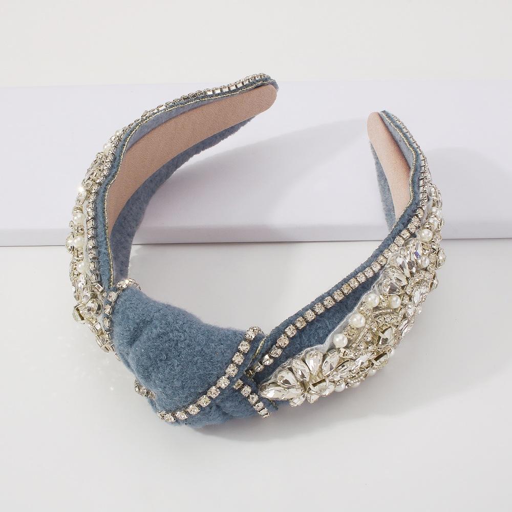 F3654 Jewelry fashion velvet knotted headband with diamonds and imitation pearl wide-brimmed French temperament headband
