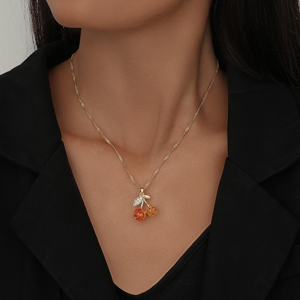 Sweet cool cherry pendant necklace women's trendy sweater chain niche design simple resin ball clavicle chain