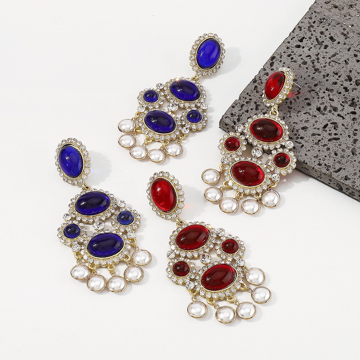 E1116 Niche Gemstone Pearl Tassel Earrings Literary Retro Vintage Court Elegant Earrings