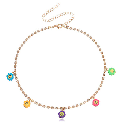 Jewelry ins diamond claw chain colorful flower necklace female choker advanced simple necklace