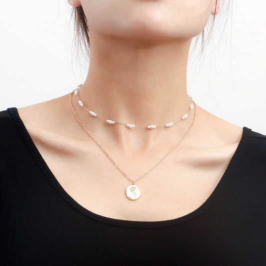 Jewelry Fashion Double Imitation Pearl LOVE Rose Pendant Necklace Women's Trendy Matching Accessories