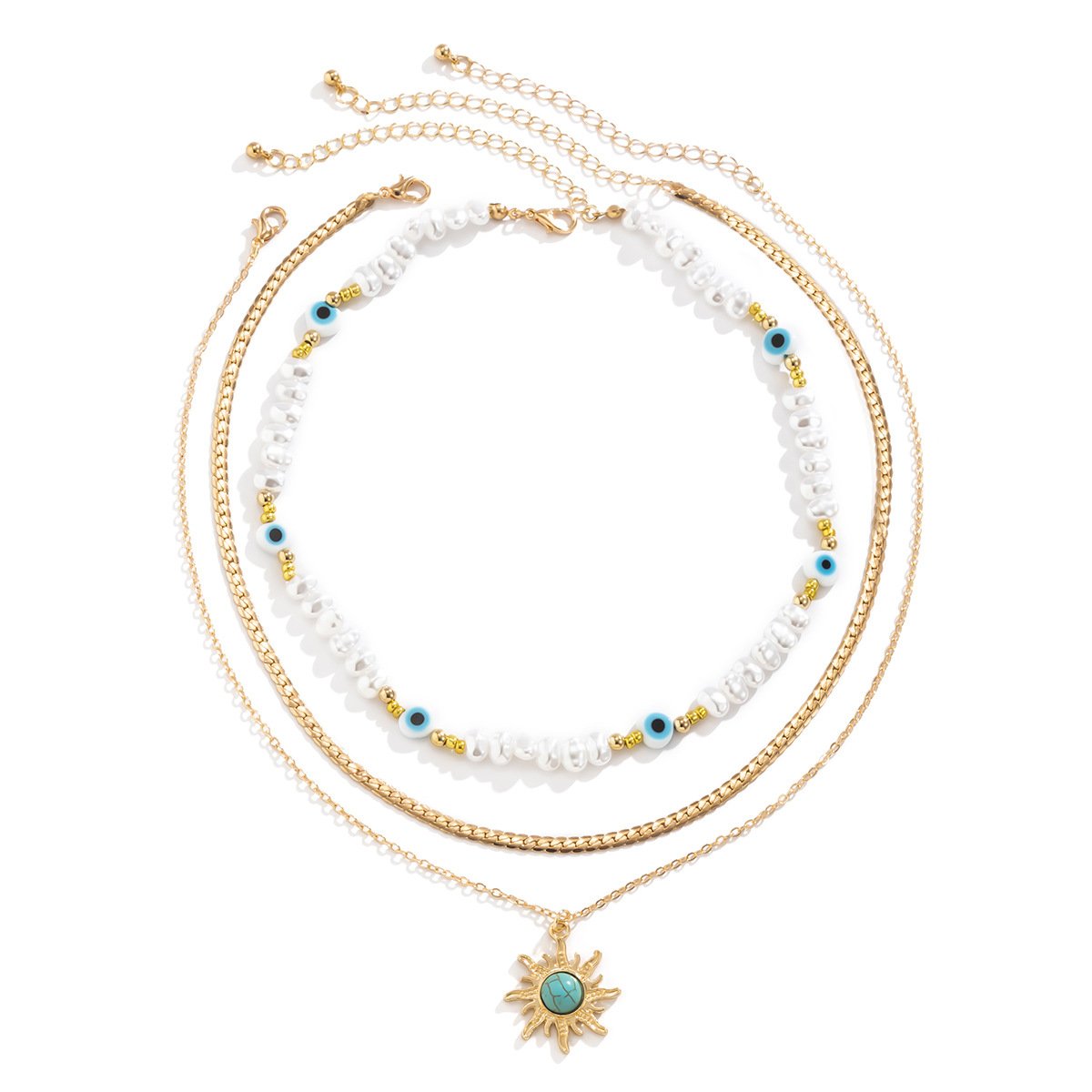 Jewelry Ethnic Sunflower Turquoise Pendant Necklace Vintage Imitation Pearl Eye Beaded Necklace