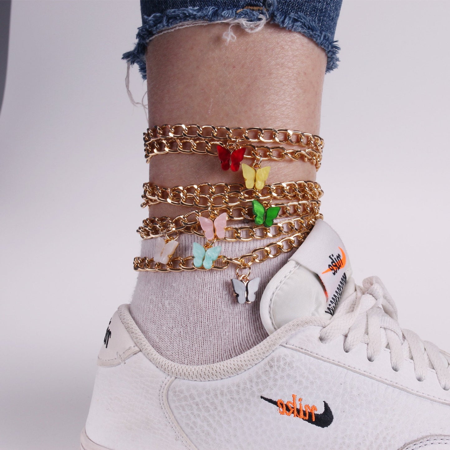 New simple summer beach anklet ins color acrylic butterfly anklet metal thick chain anklet