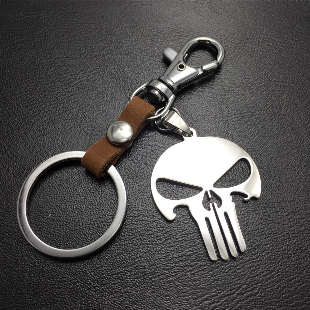 Superhero Skull Punisher Stainless Steel Leather Keychain Men's Waist Bag Pendant Jewelry Accessories