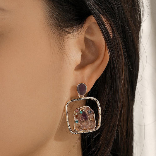 Fashion square hollow gravel drop glue earrings women's personality back shape temperament inlaid zircon earrings jewelry