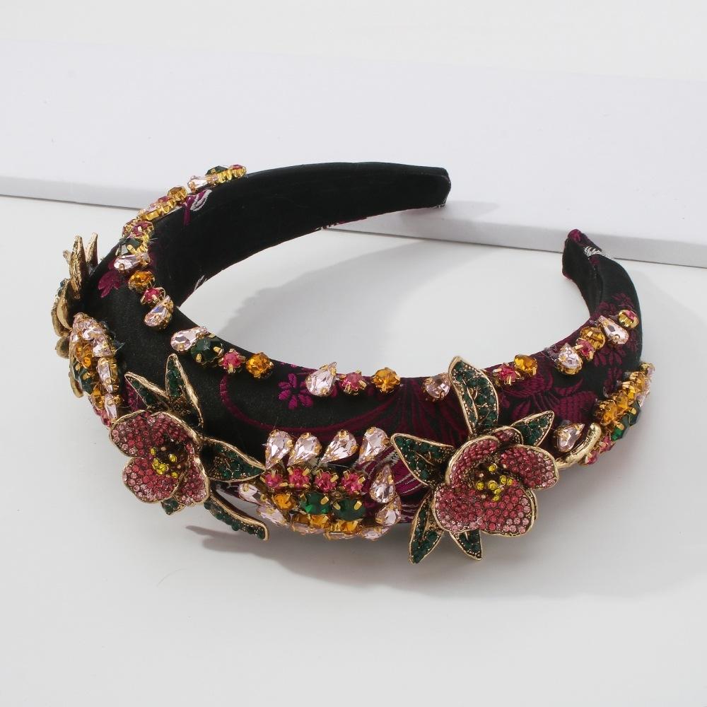 F371 Baroque exaggerated flower headband palace embroidery cloth headband temperament full of diamond fashion hair accessories