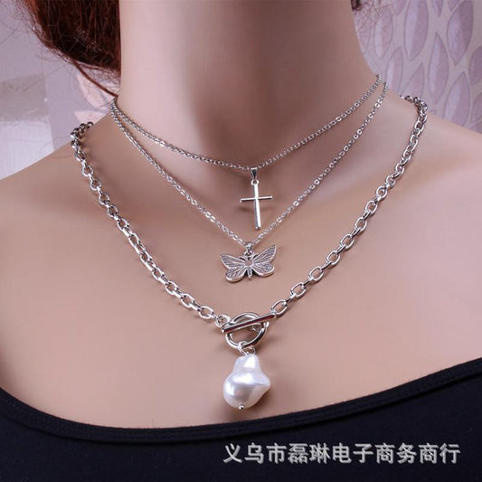 Jewelry Retro Multi-layer Cross Baroque Pearl Butterfly Necklace Female Detachable Three-piece Set