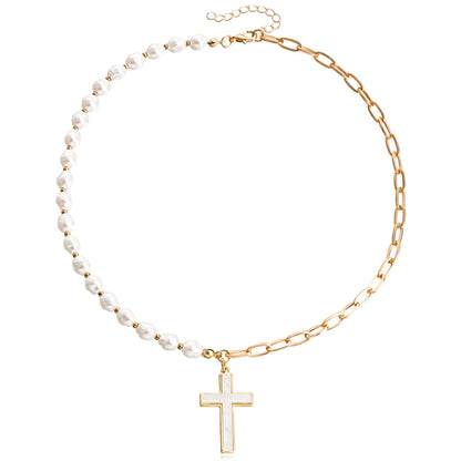 Jewelry simple stitching chain imitation mother-of-pearl cross pendant necklace female cold necklace