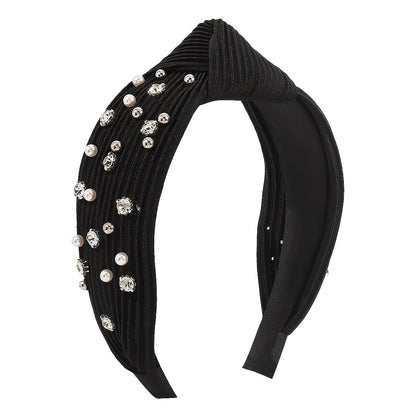 F5144 Retro geometric knotted pleated texture headband personality light luxury beaded rhinestone niche headband