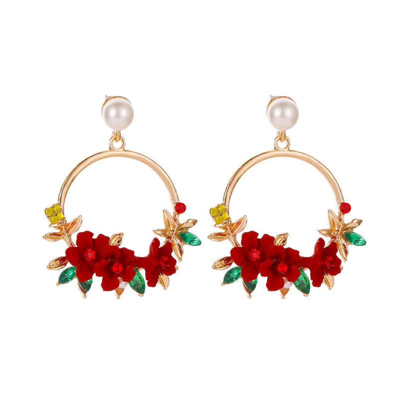 Ins sweet flower earrings net red same temperament color wreath pearl earrings female earrings