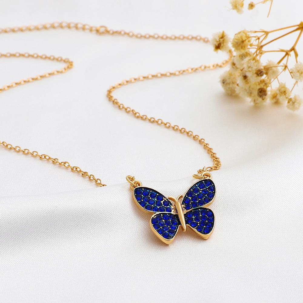 Ins full diamond butterfly necklace female retro fashion niche design blue butterfly pendant clavicle chain tide