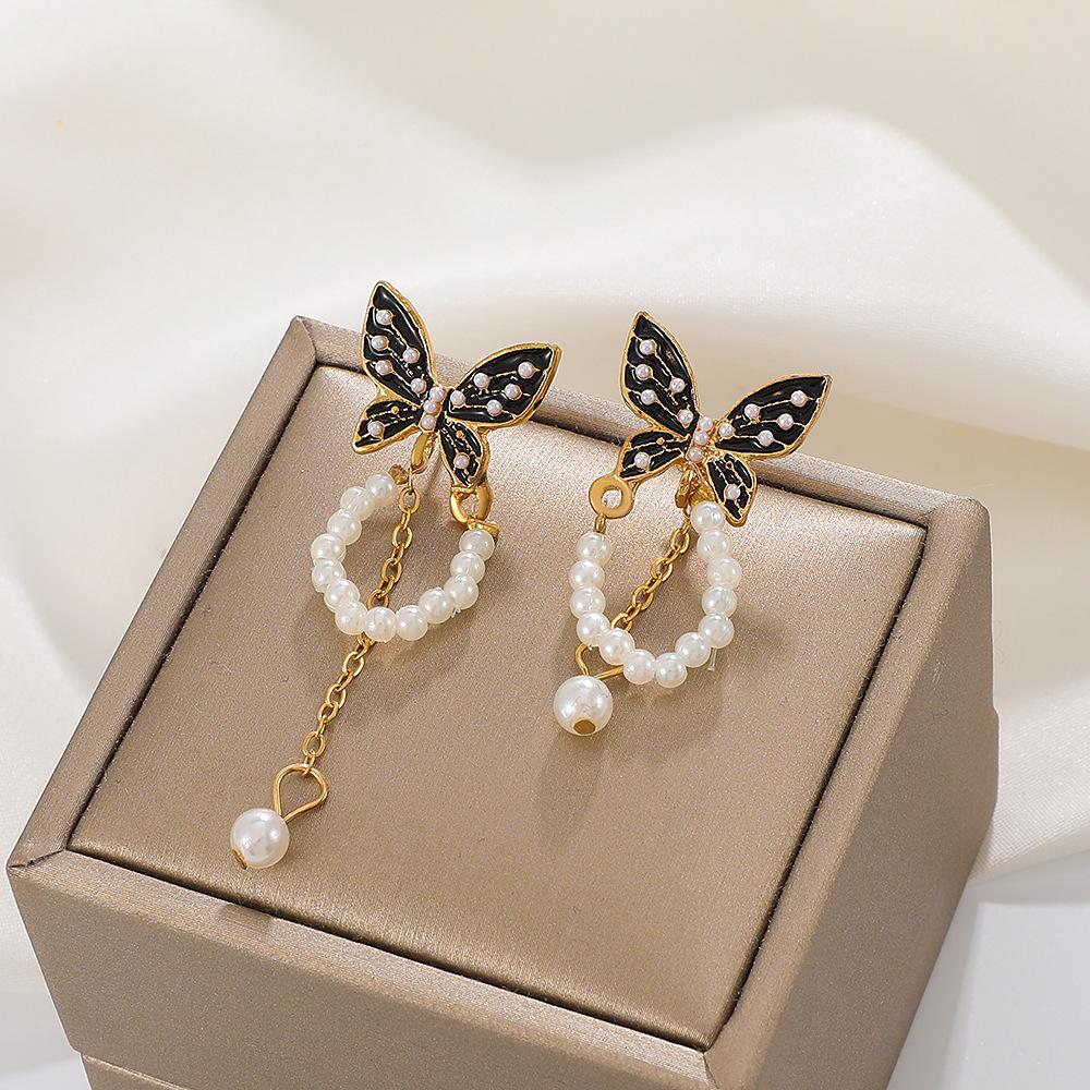 ins black butterfly earrings French light luxury niche design pearl chain tassel earrings sweet earrings