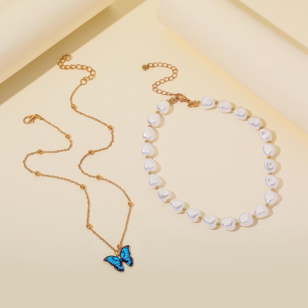 Niche Super Fairy Blue Butterfly Pendant Versatile Temperament Special Shaped Pearl Necklace Fashion Double Stacked Necklace
