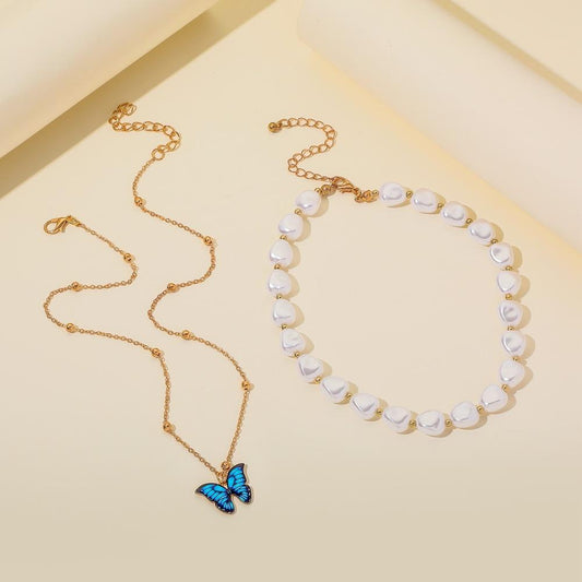 Niche Super Fairy Blue Butterfly Pendant Versatile Temperament Special Shaped Pearl Necklace Fashion Double Stacked Necklace