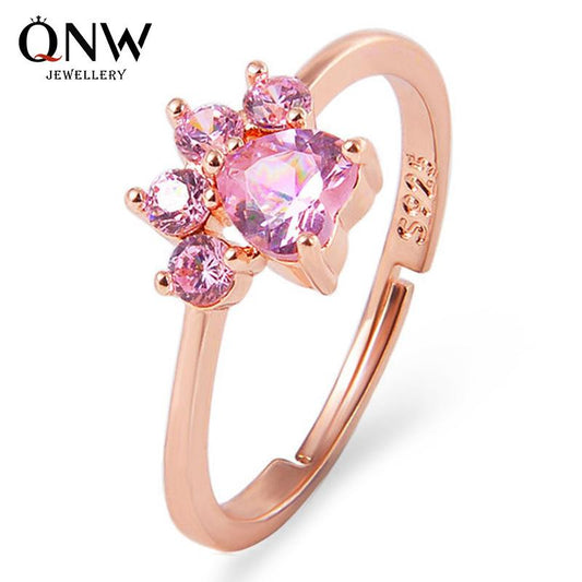 Cute Cartoon Opening Adjustable Cat Claw Cat Footprint Zircon Ring Female Electroplated Silver Animal Copper Jewelry