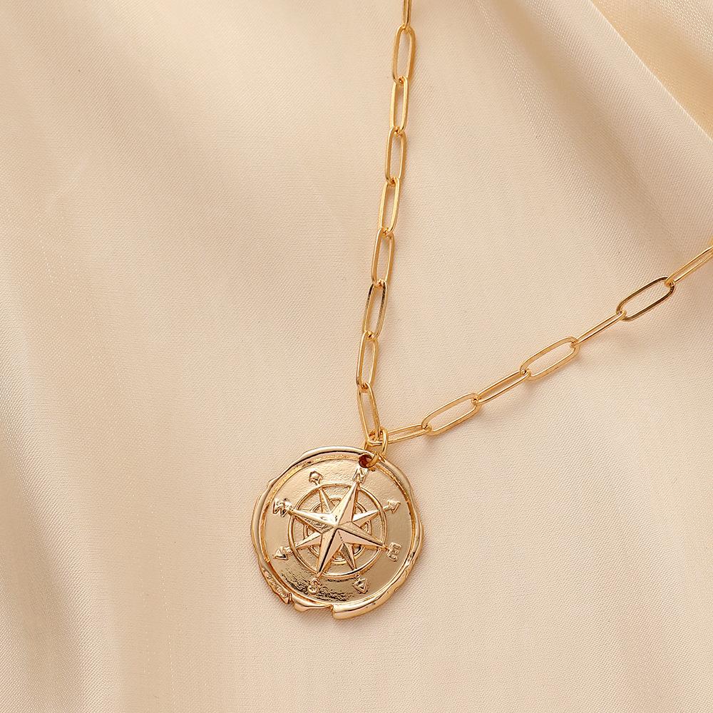 Fashion simple light luxury niche metal hollow retro compass coin pendant necklace female