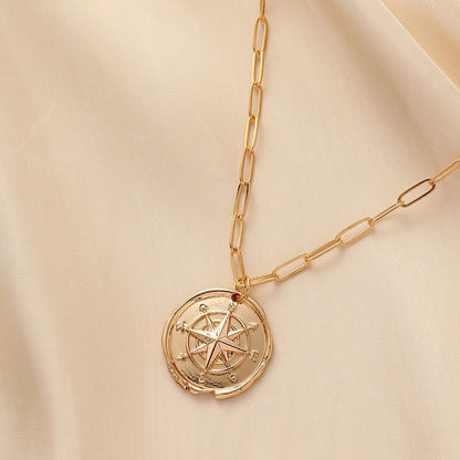 Fashion simple light luxury niche metal hollow retro compass coin pendant necklace female