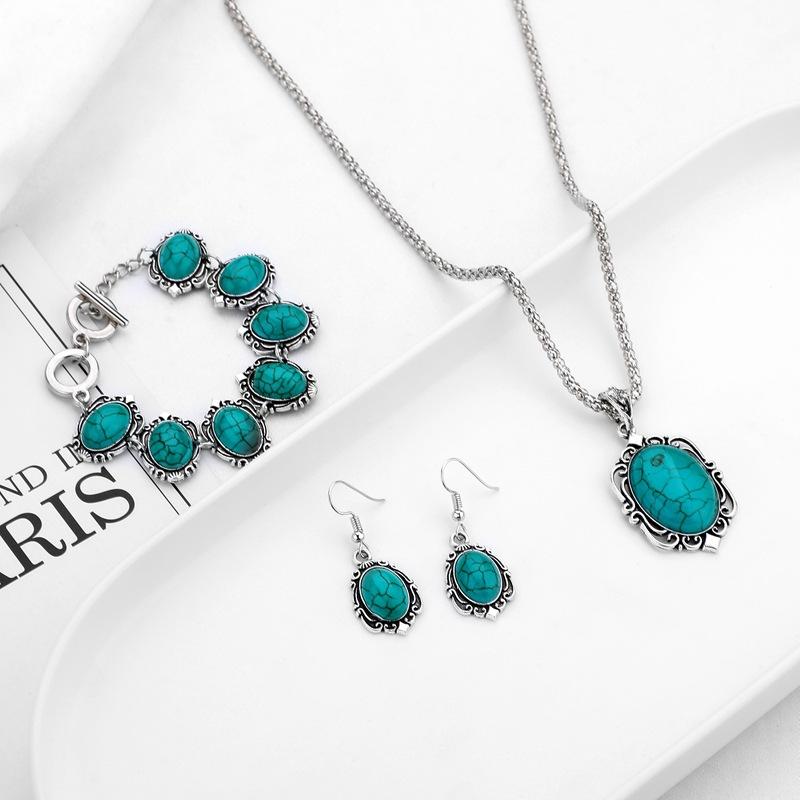 Ethnic Turquoise Necklace Earrings Bracelet Set Flower Pendant Three Piece Jewelry Set