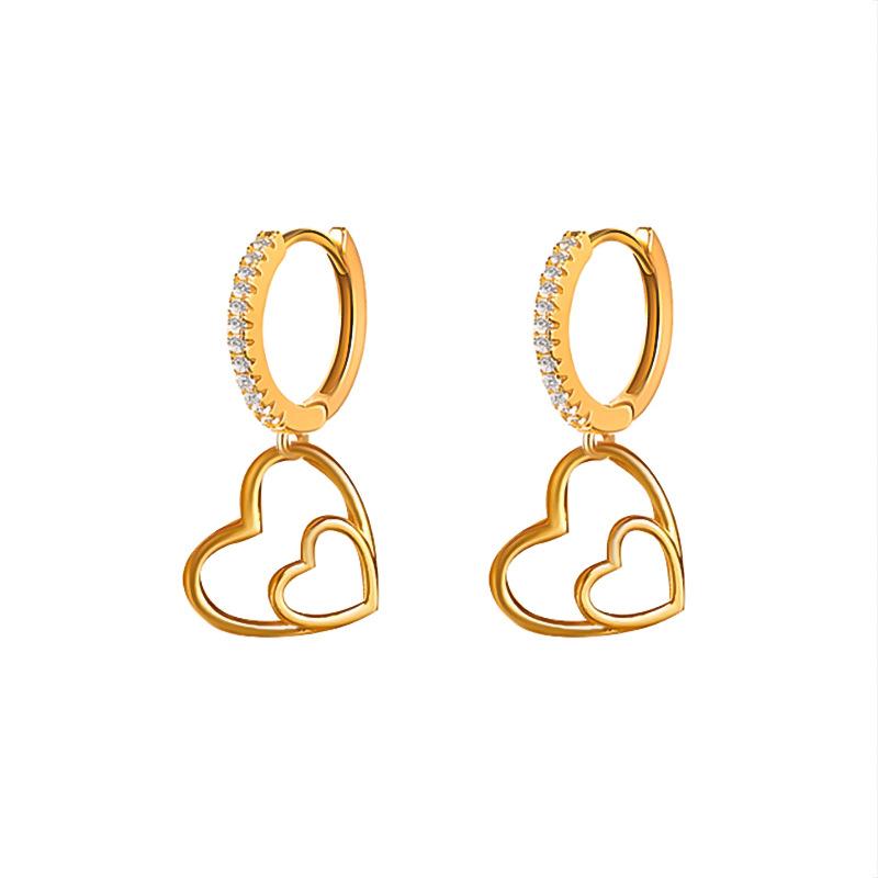 ins simple copper inlaid zircon peach heart earrings high-end sense hollow double love earrings trendy autumn and winter