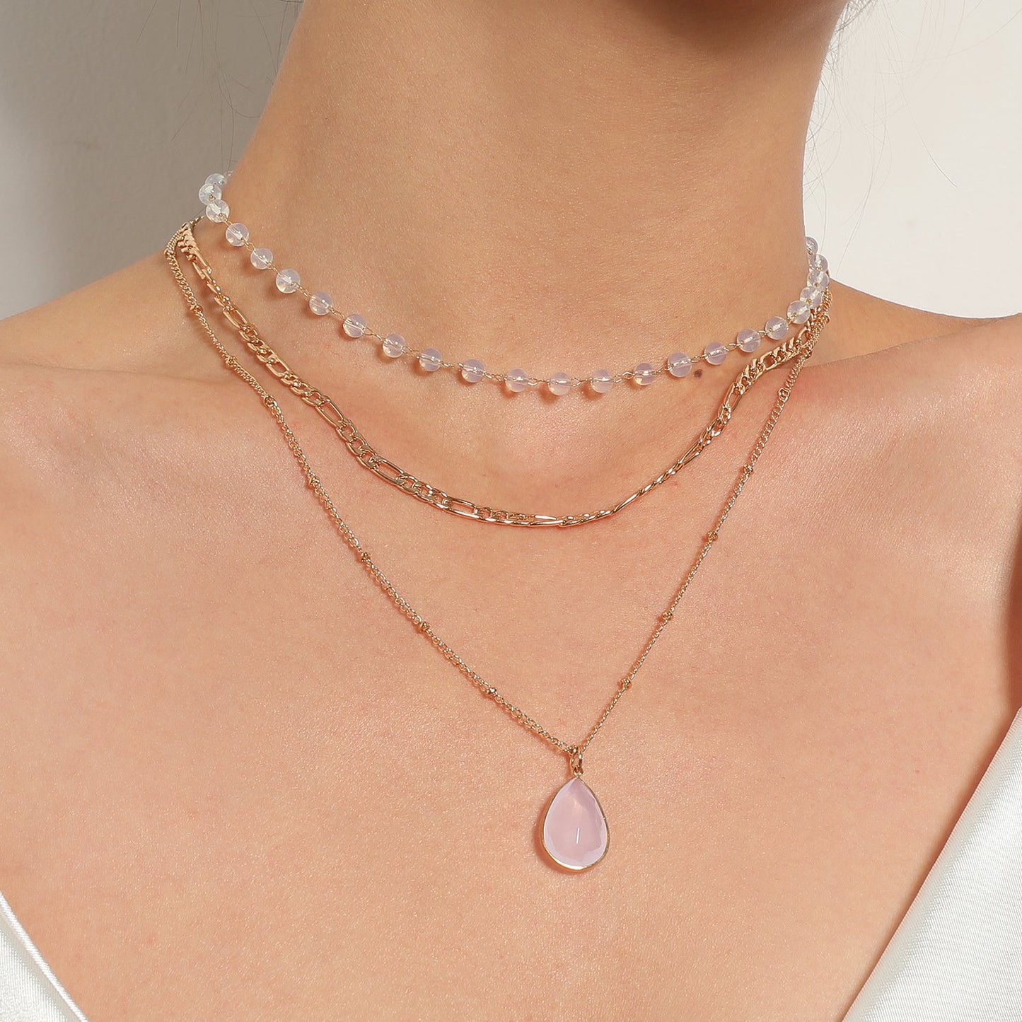 Jewelry multi-element protein bead crystal pendant necklace fashion three-to-one chain water drop necklace
