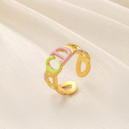 Female ins fashion light luxury letter CD color painting oil opening stainless steel ring