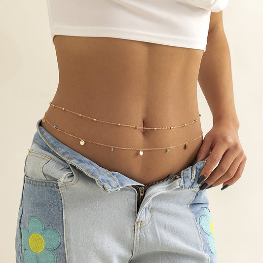 Jewelry Sexy Vacation Turquoise Sequin Pendant Waist Chain Simple Metal Thin Chain Body Chain