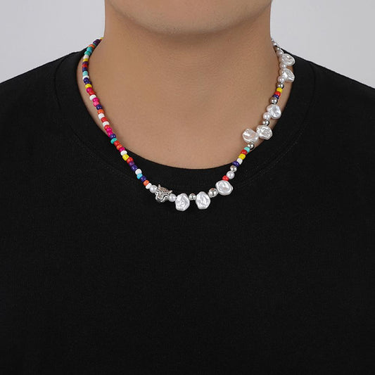 Fashion stainless steel beaded rice beads special-shaped pearl necklace trend bohemian cute tiger head pendant for men