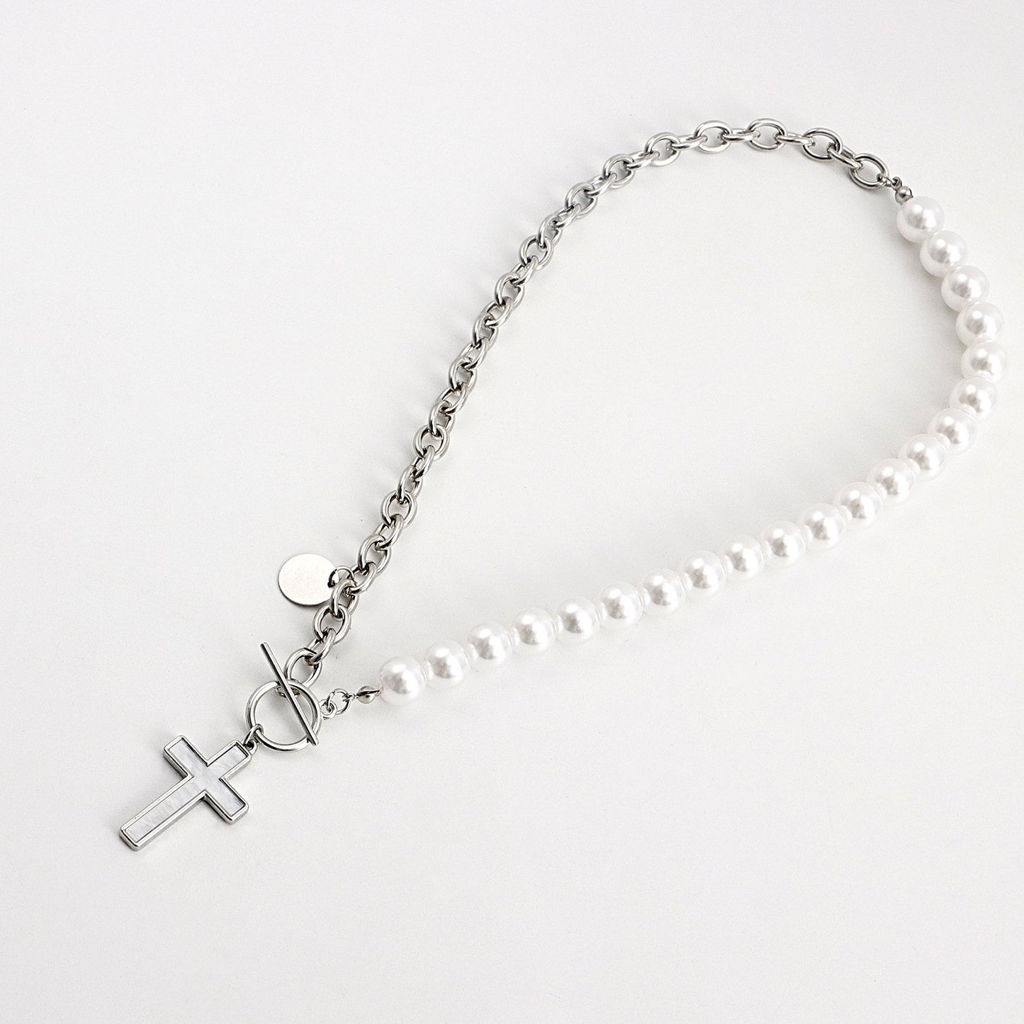 Jewelry Stitching Chain Imitation Pearl Cross Fritillary Pendant Necklace Sweater Necklace Women