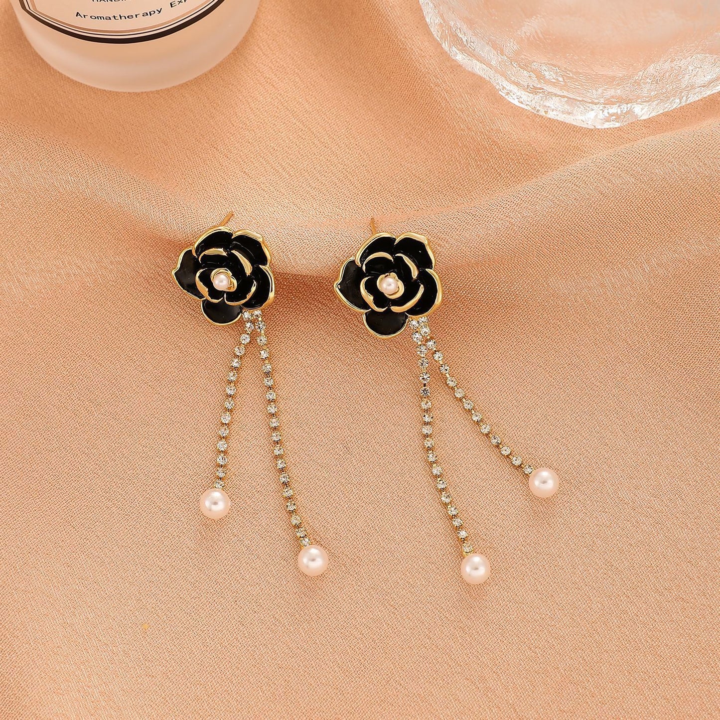 Retro Diamond Black Camellia Earrings Women's Fashion Personality Temperament Long Tassel Pearl Earrings
