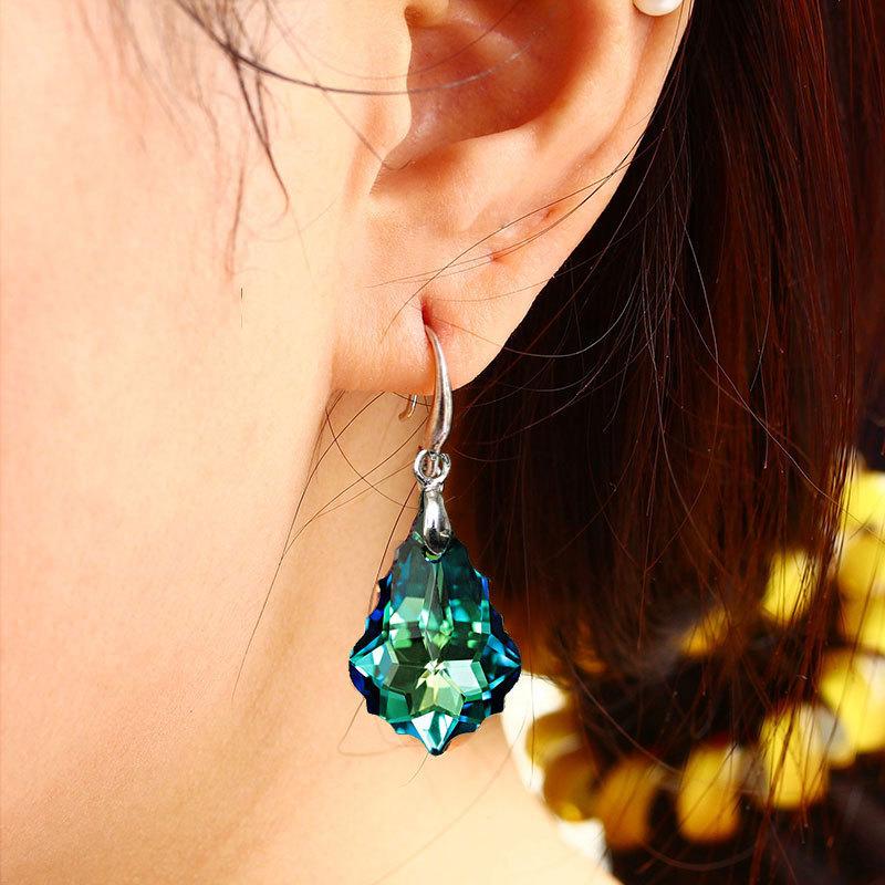 Fashion Baroque Leaf Dangle Earrings Women Silver Plated Pin Austrian Crystal Tourmaline Maple Leaf Earrings Jewelry