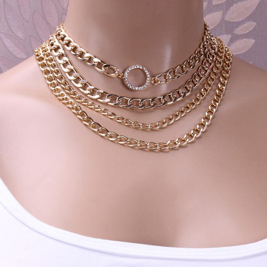 Jewelry Exaggerated Punk Trend Multilayer Necklace Fashion Diamond Circle Thick Aluminum Chain Necklace Female