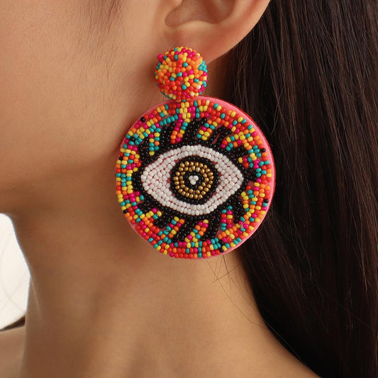 E1321 Bohemian Ethnic Earrings Devil's Eye Creative Rice Bead Earrings Exaggerated Geometric Earrings For Women