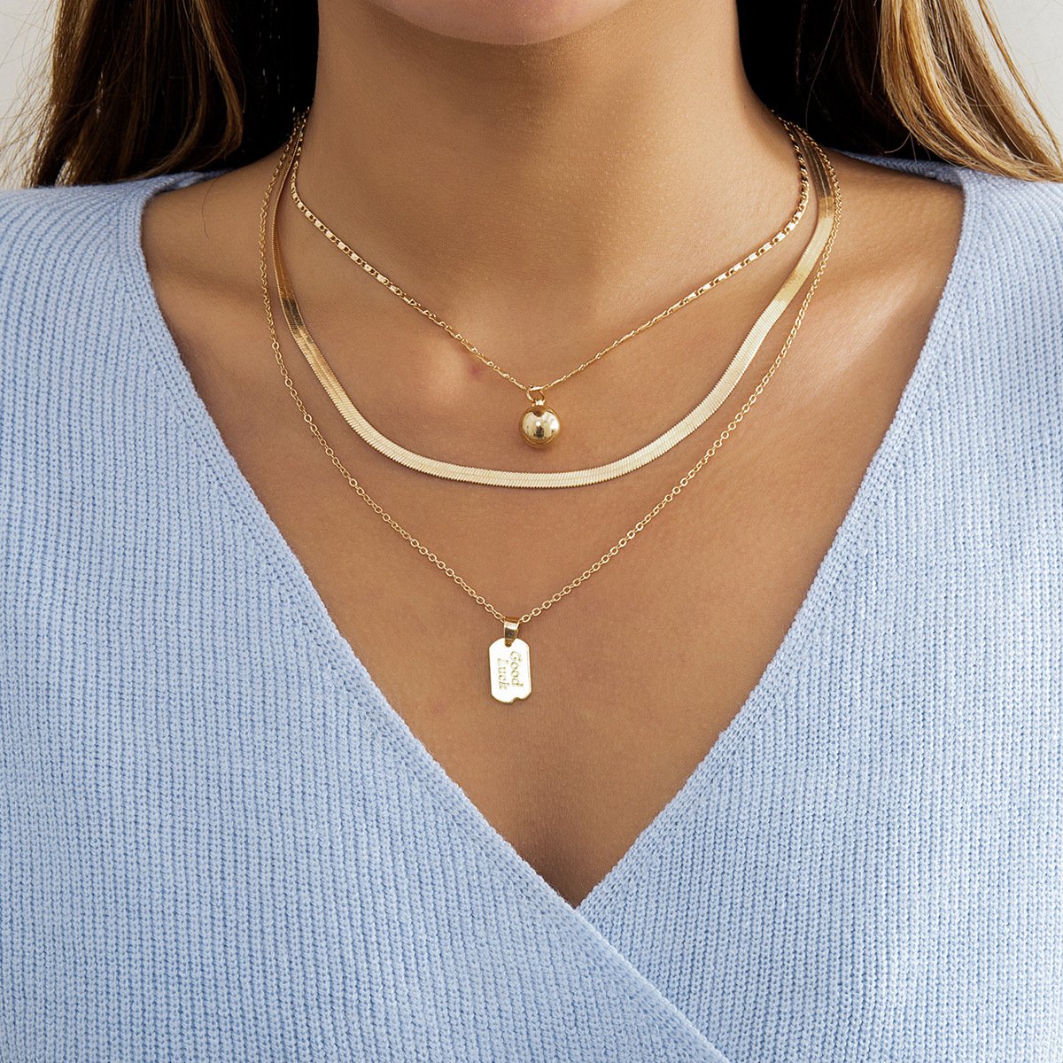 Jewelry Hip Hop Retro Metal Letter Tag Necklace Female Versatile Snake Bone Chain Hang Ball Necklace