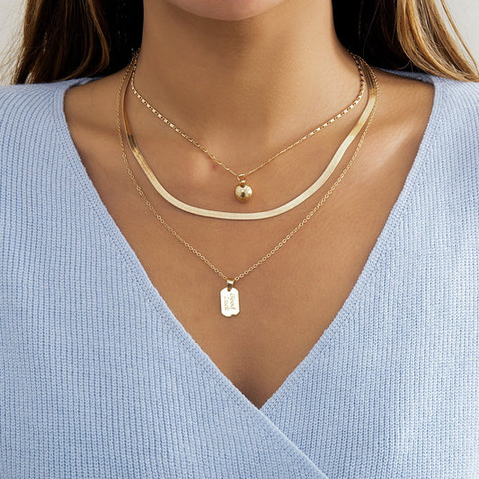 Jewelry Hip Hop Retro Metal Letter Tag Necklace Female Versatile Snake Bone Chain Hang Ball Necklace