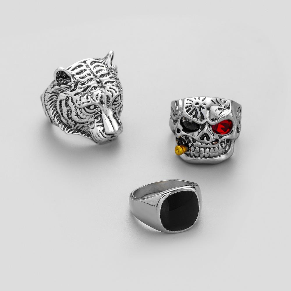 Fashion domineering high-luxury mass design men's alloy exaggerated dripping oil tiger skull ring set