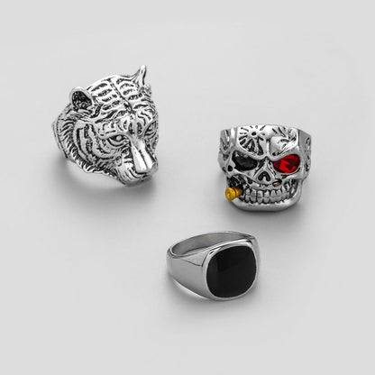 Fashion domineering high-luxury mass design men's alloy exaggerated dripping oil tiger skull ring set