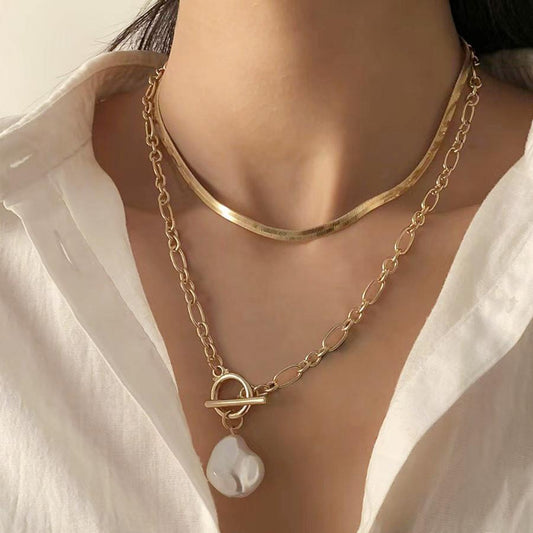 Fashion Hip Hop OT Buckle Flat Snake Bone Necklace Jewelry Baroque Shaped Imitation Pearl Necklace Female